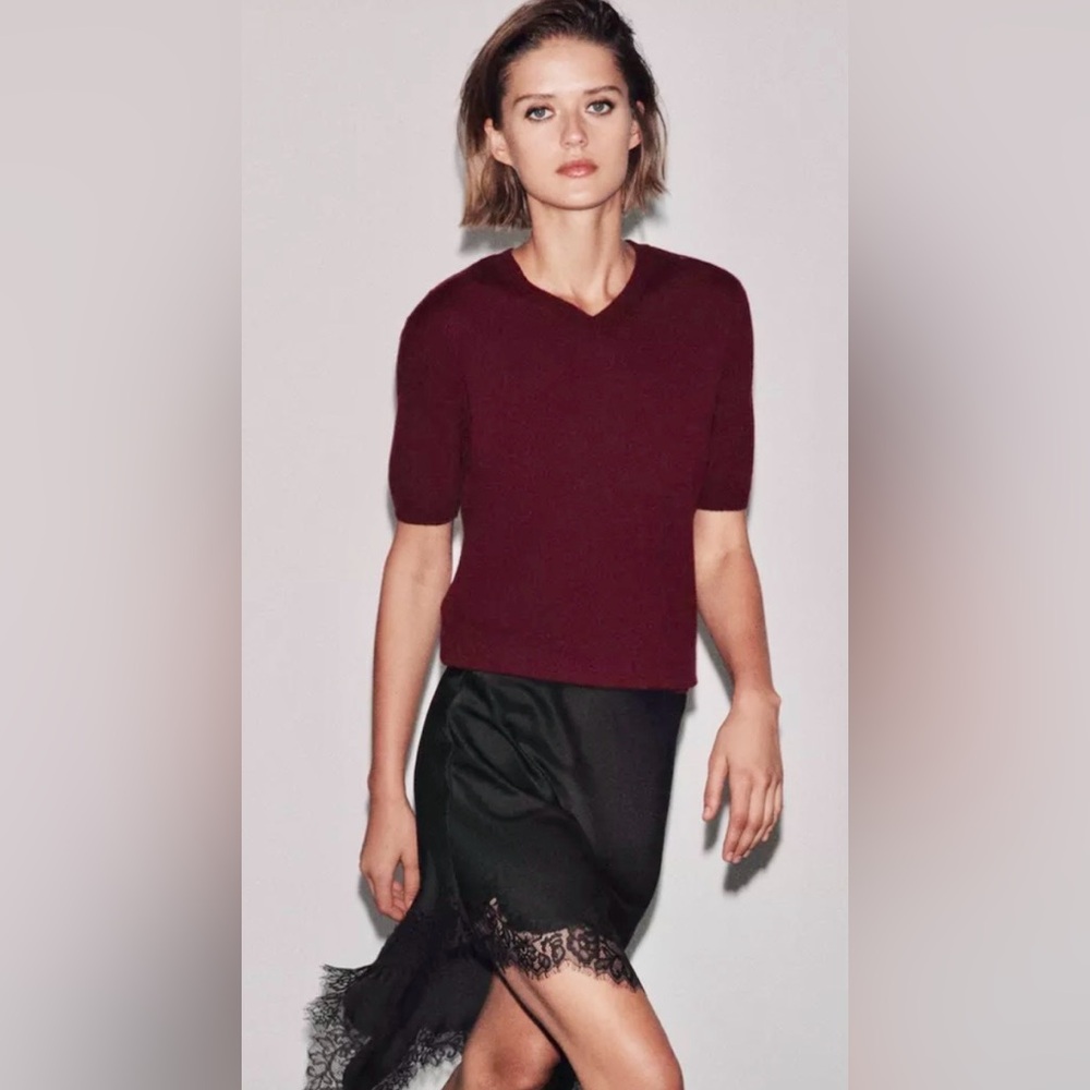 Zara 100% WOOL WINE KNIT SHORT SLEEVE JUMPER Size XL